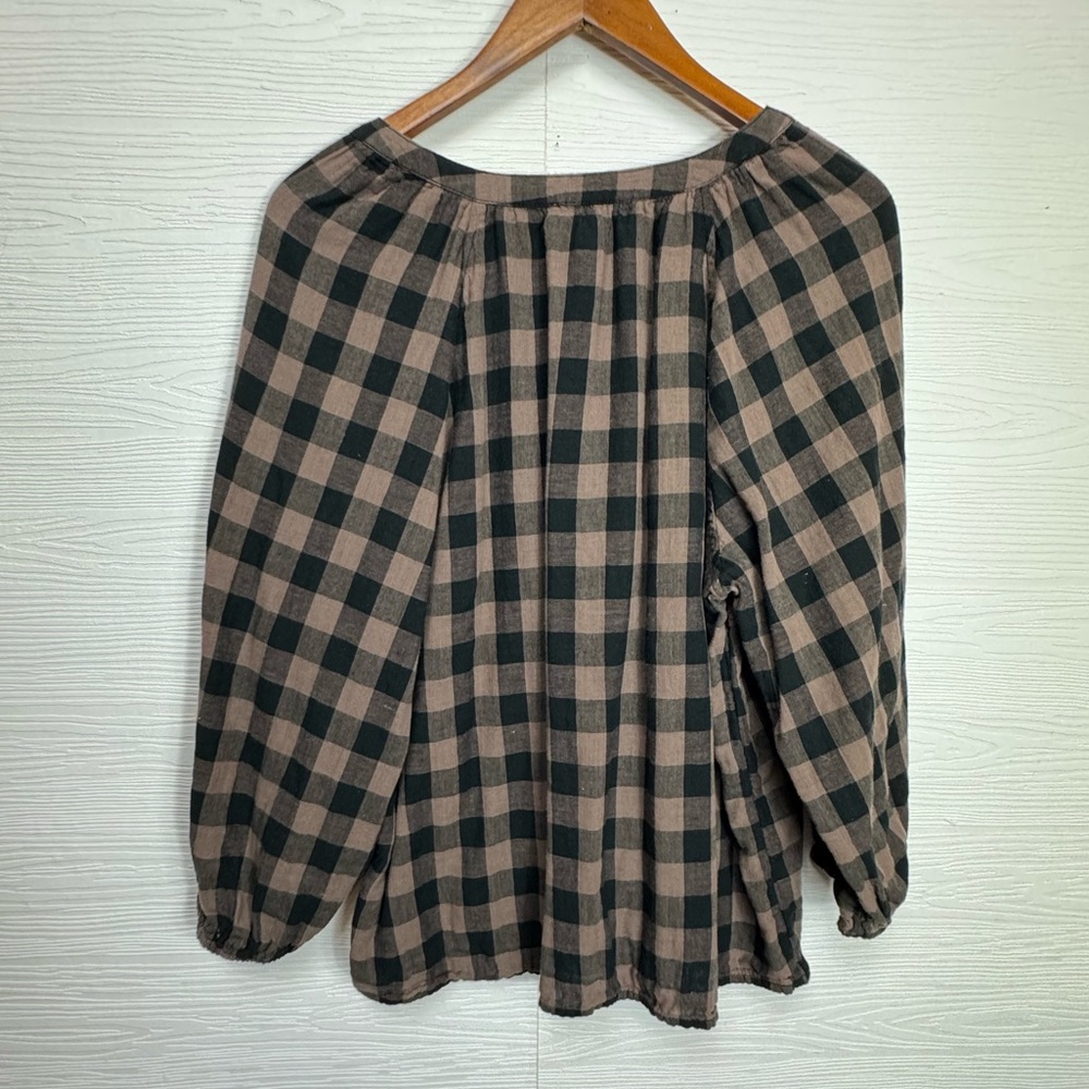 Beachlunchlounge Black and Tan Gingham Plaid Blouse Cotton Large - Picture 8 of 8